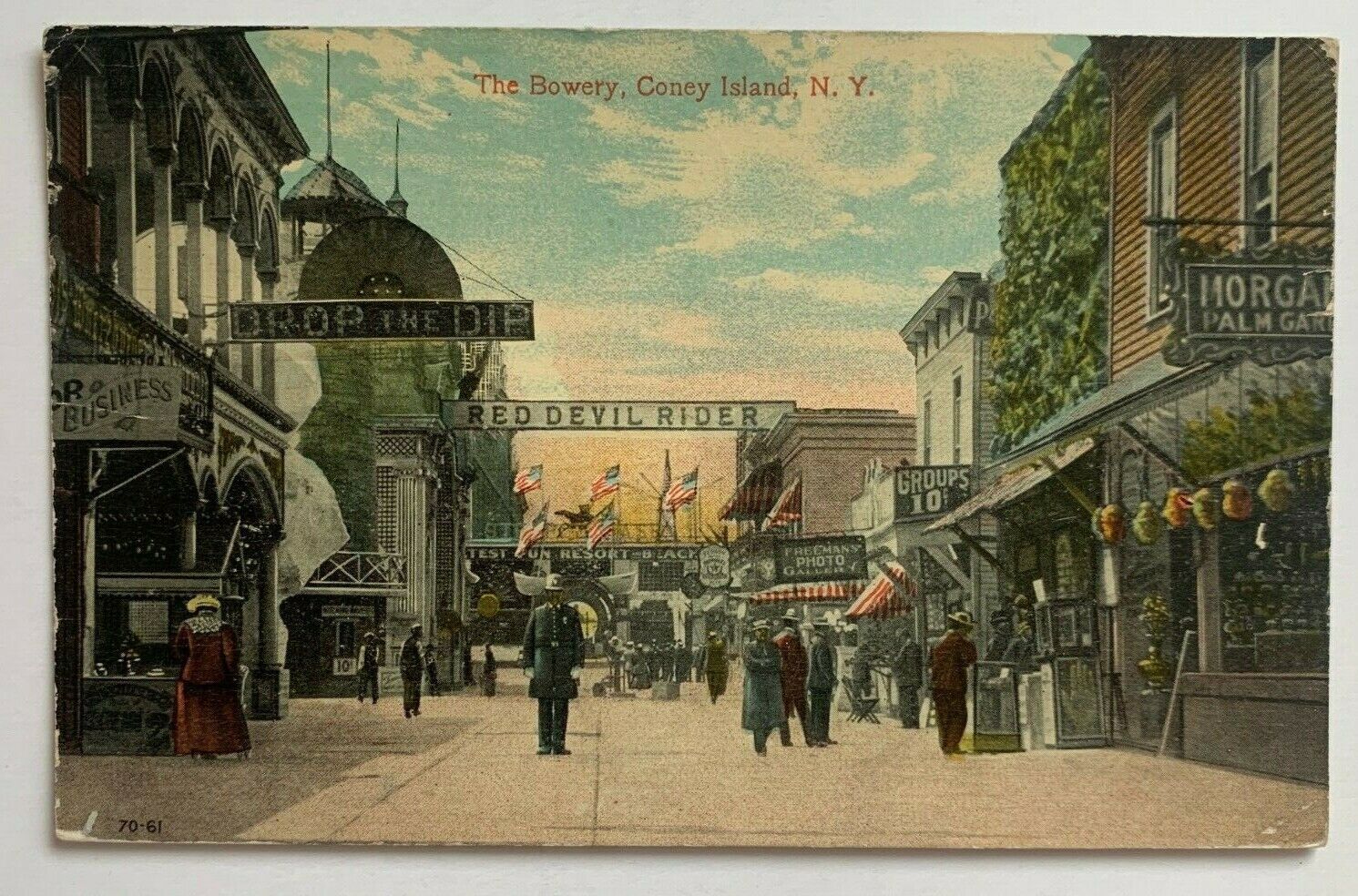 1913 NY Postcard Coney Island Brooklyn The Bowery Red Devil Rider Drop the Dip