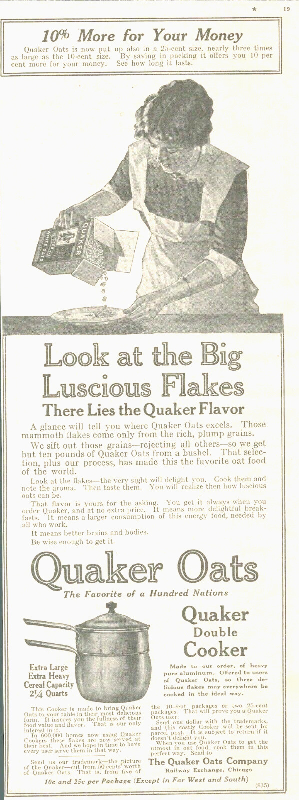 1914 QUAKER OATS cereal  flakes cooking breakfast antique ART PRINT AD pot offer