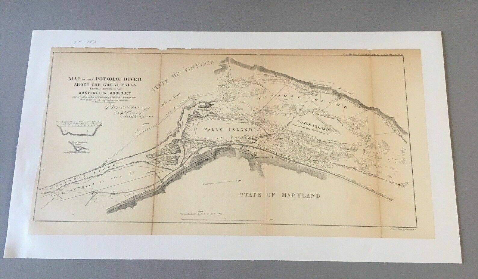 Original 1858 Lithograph Map Potomac River Region Wash DC,Aqueduct, Arc Mounted