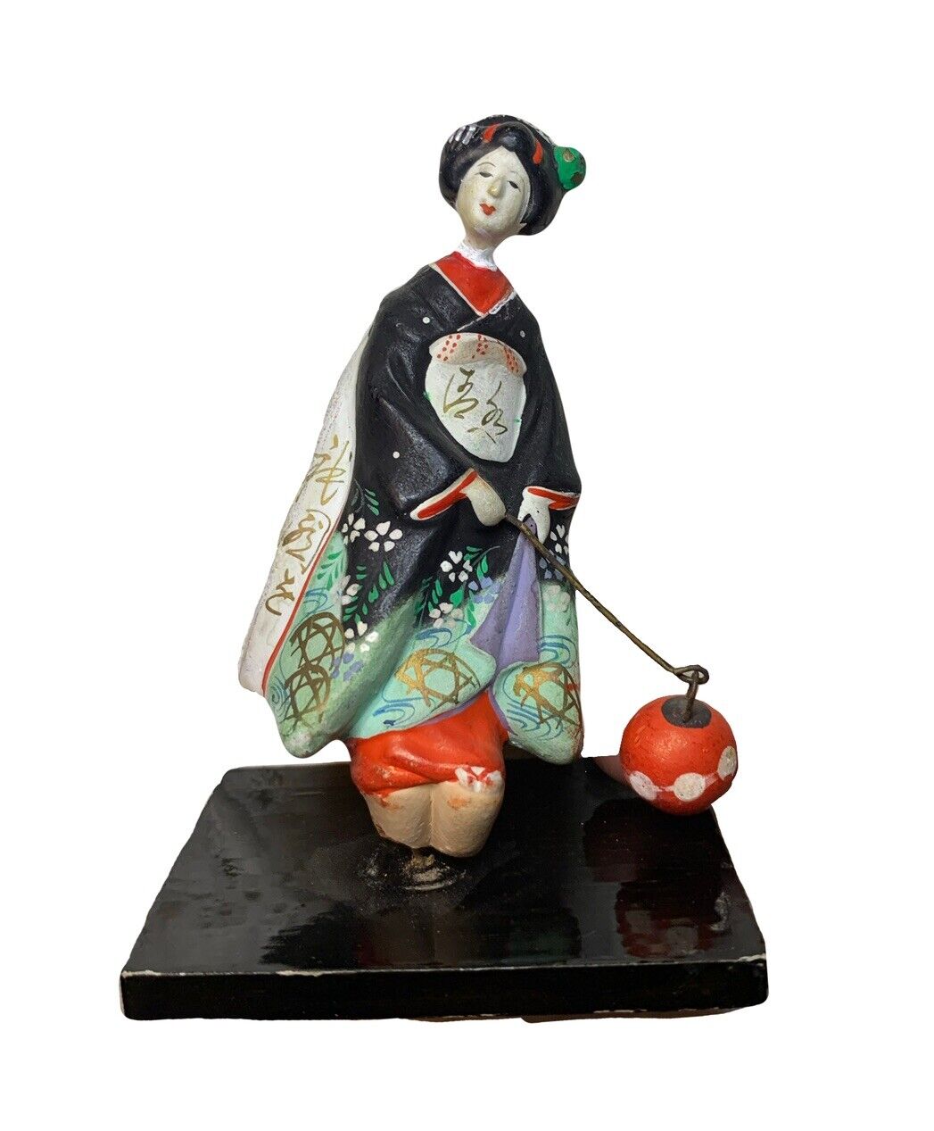 Vintage Pretty Hand Painted Clay Japanese Geisha With Lantern Figurine On Stand