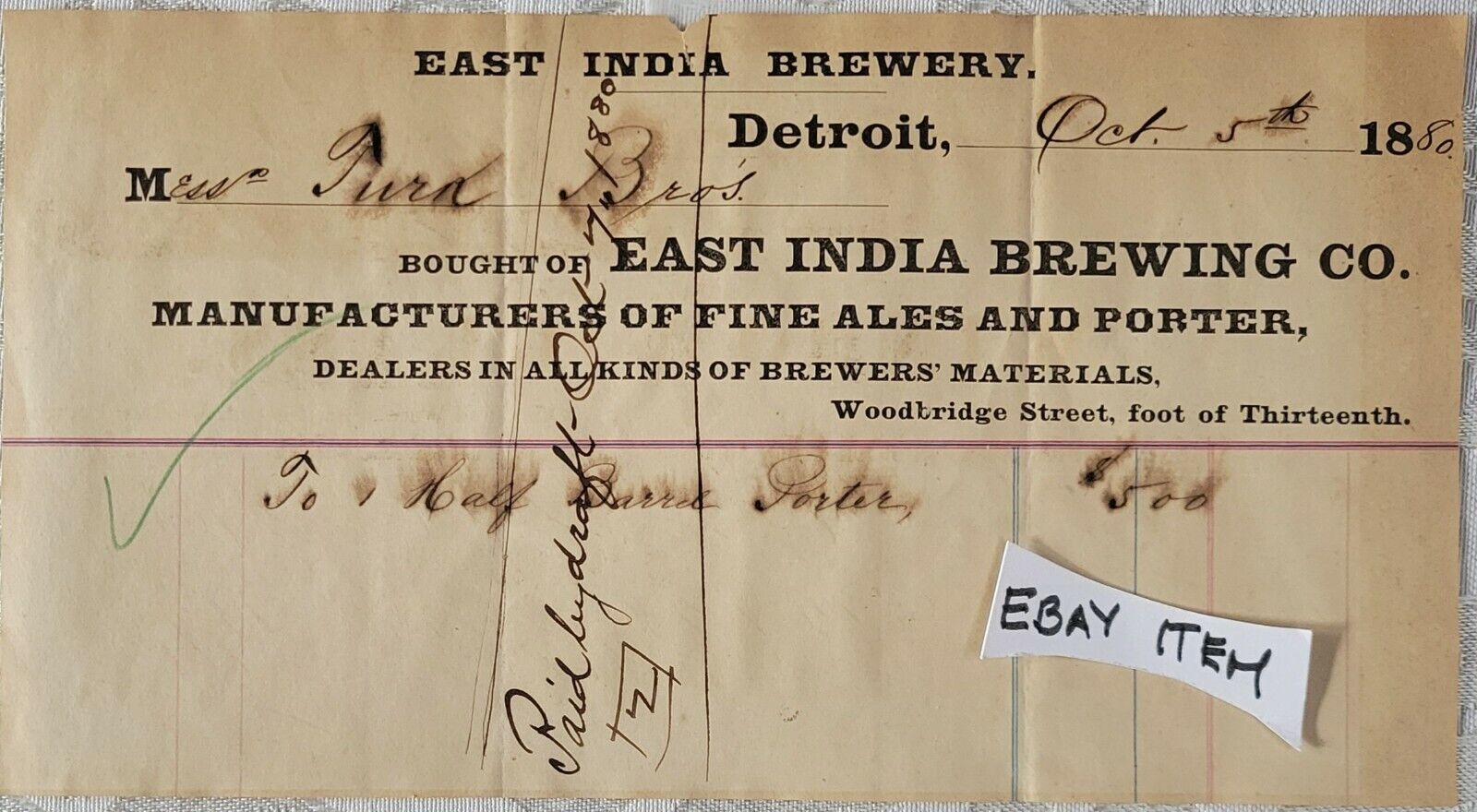 1881 EAST INDIA BREWING CO Detroit Michigan BHD beer BREWERY Ale Porter PRE PRO