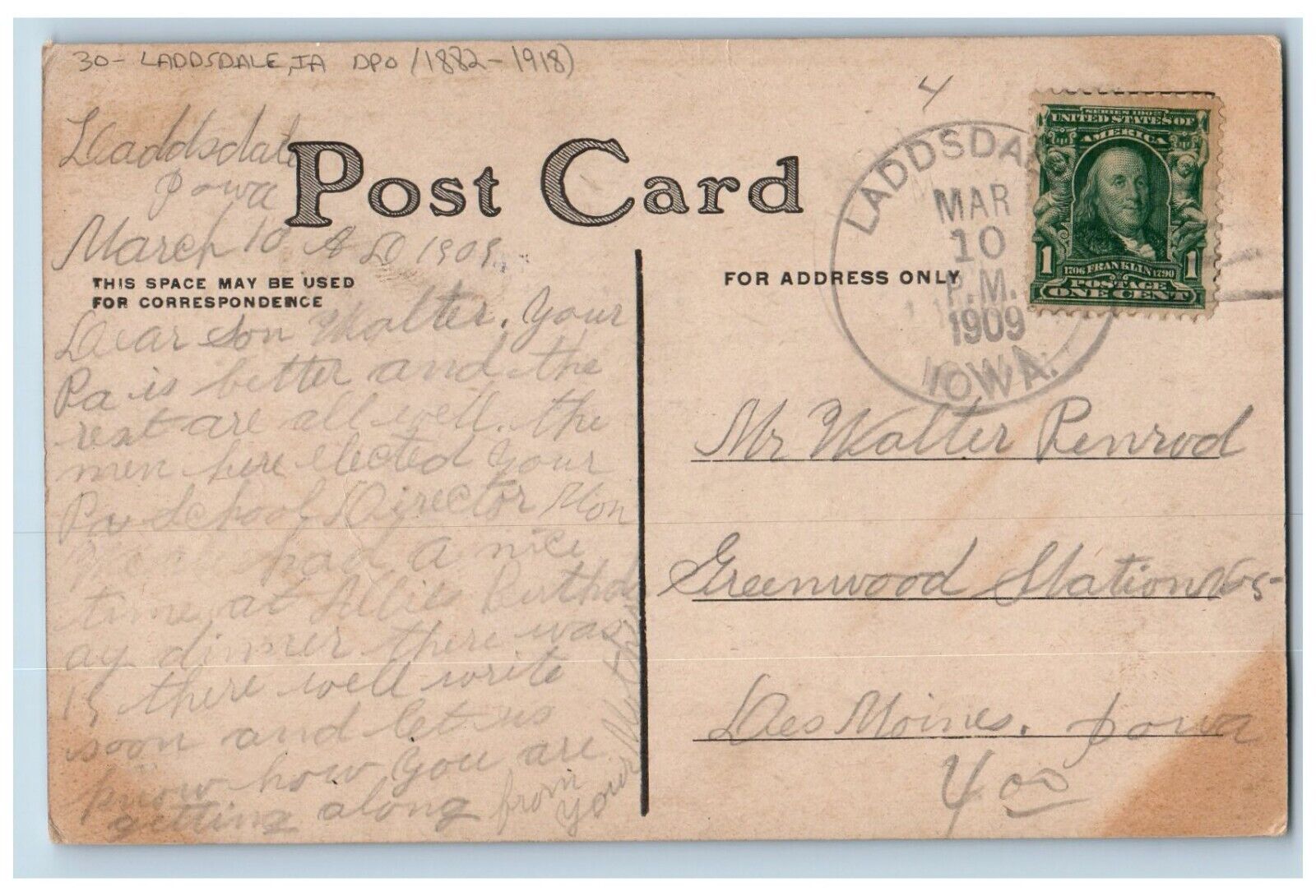 DPO 1882 1918 Laddsdale Iowa IA Postcard Houses Filed Scene Wagon 1909 Antique
