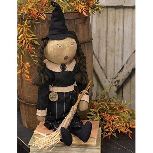 New Primitive Halloween SPELLS BLACK WITCH DOLL WITH BROOM Spells 23\