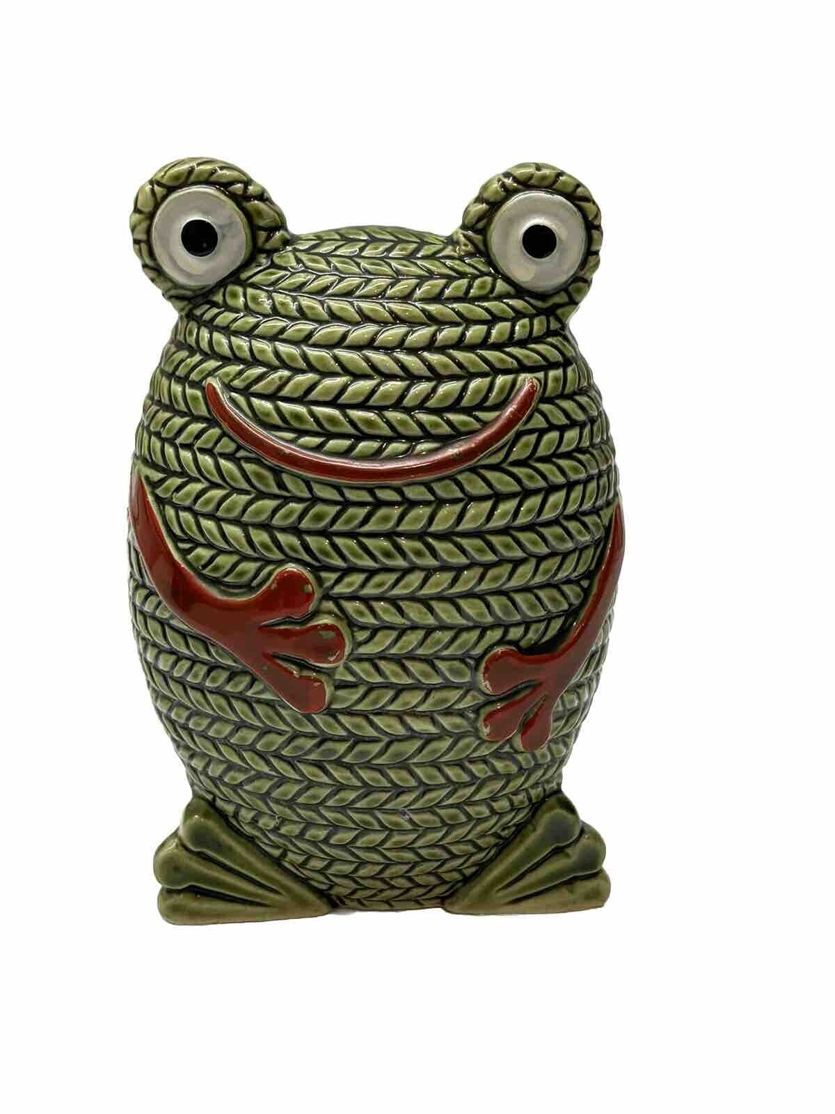 Vintage  Green Frog Sock Poppet Rope Coin Bank Smile  7” Inch Japan Kitsch