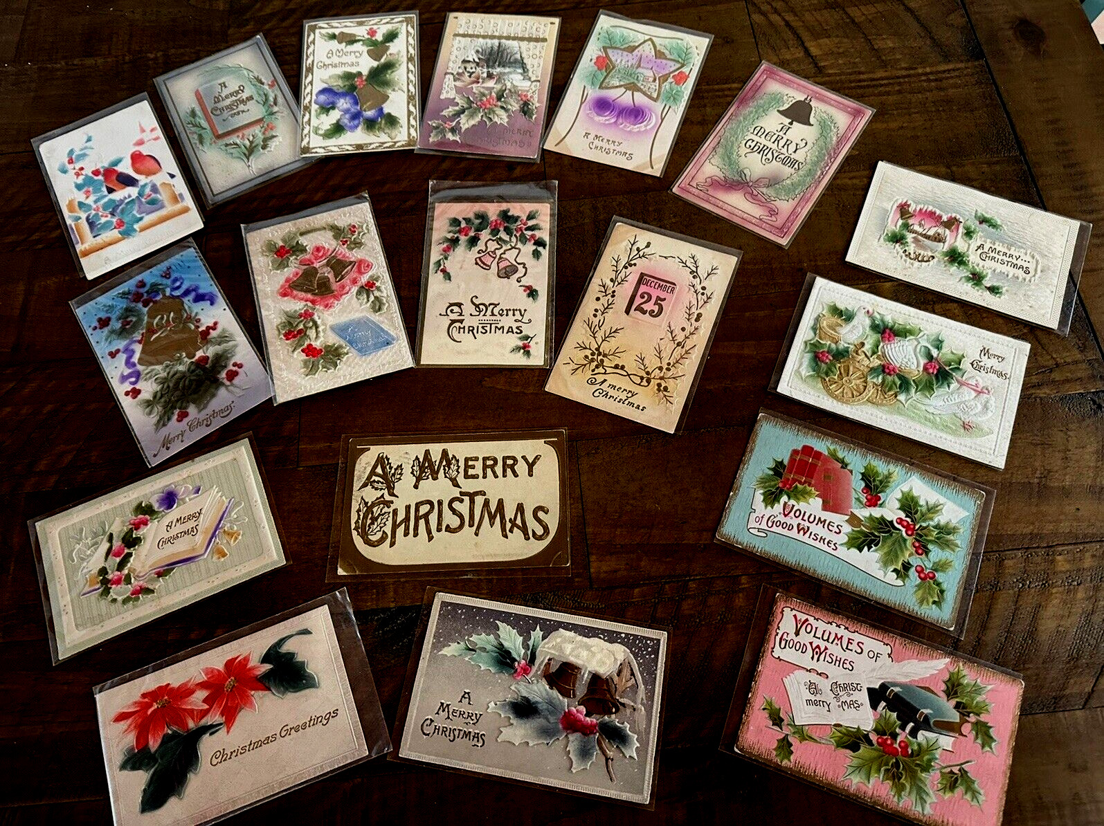 ~Lot of 18 Antique CHRISTMAS~AIRBRUSHED~Velvet~Xmas ~Postcards-in sleeves~h203