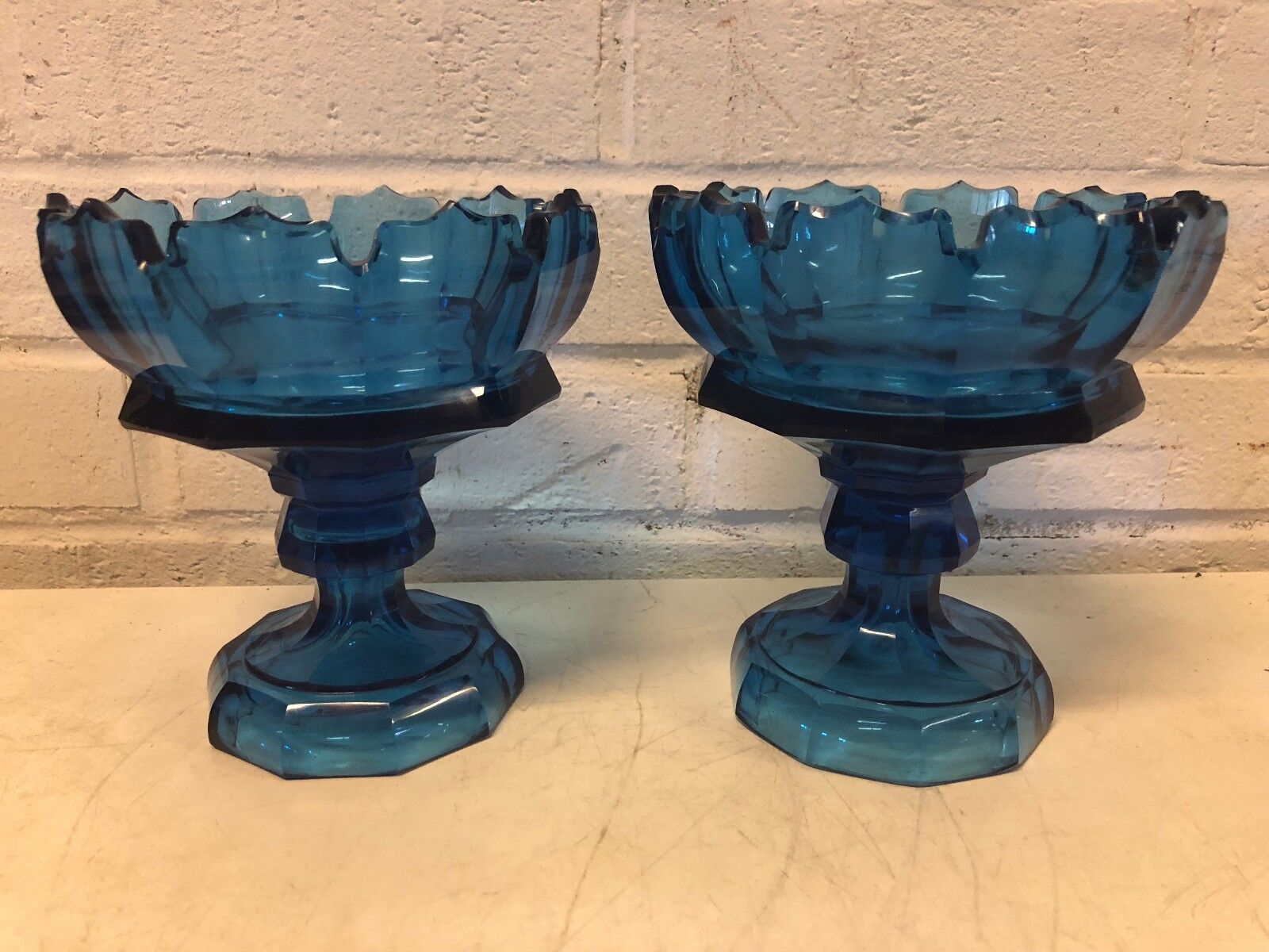 Antique Blue Pair of Case Glass Decorative Compotes