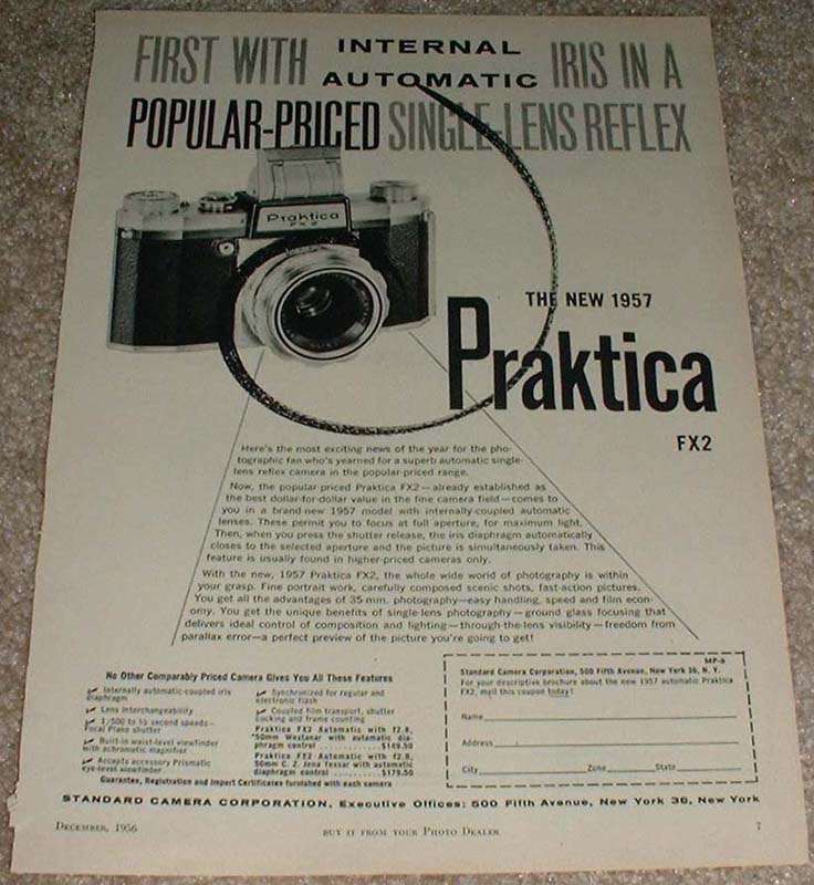 1956 Praktica FX2 Camera Ad, First w/ Automatic Iris