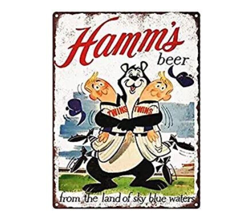 HAMM\'S BEER 12 X 8 TIN SIGN TWINS BEER REFRESHING POSTER ART SKY BLUE WATERS