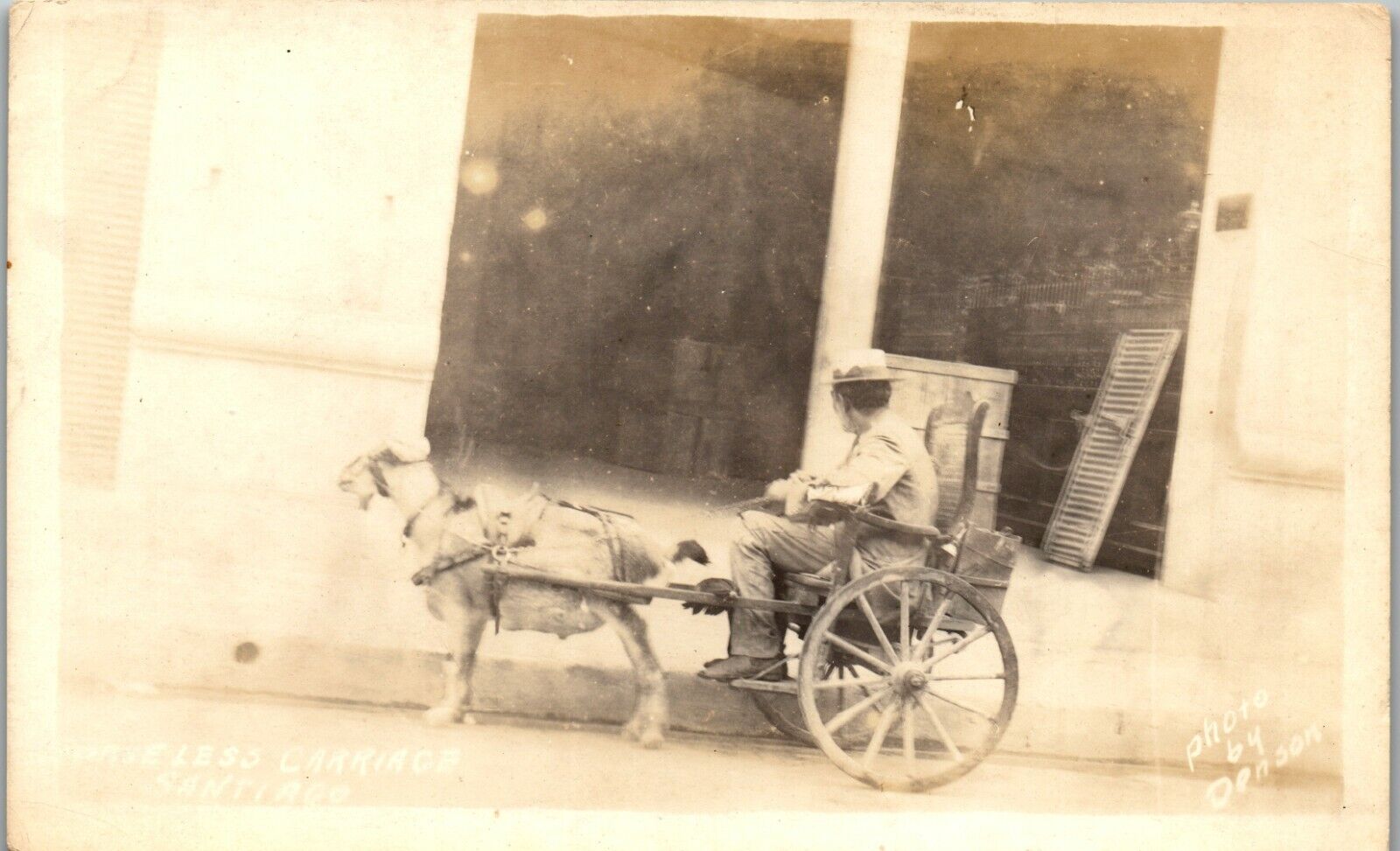 Goat with two wheeled carriage passenger  1920s era RPPC RP1