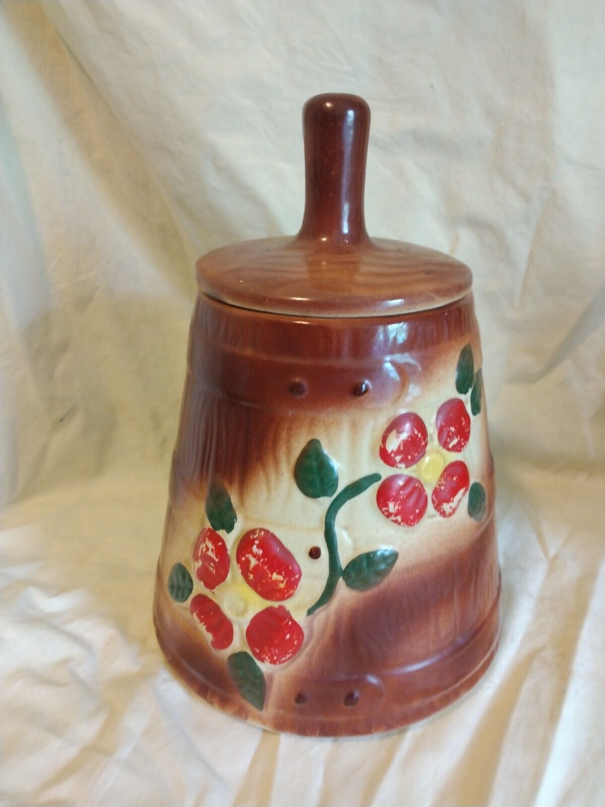American Bisque Cookie Jar Antique Butter Churn Hand Painted Brown Red Flowers
