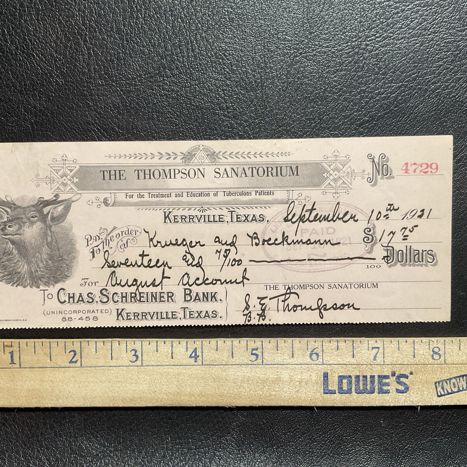 Schreiner Sanatorium Bank Check 1921