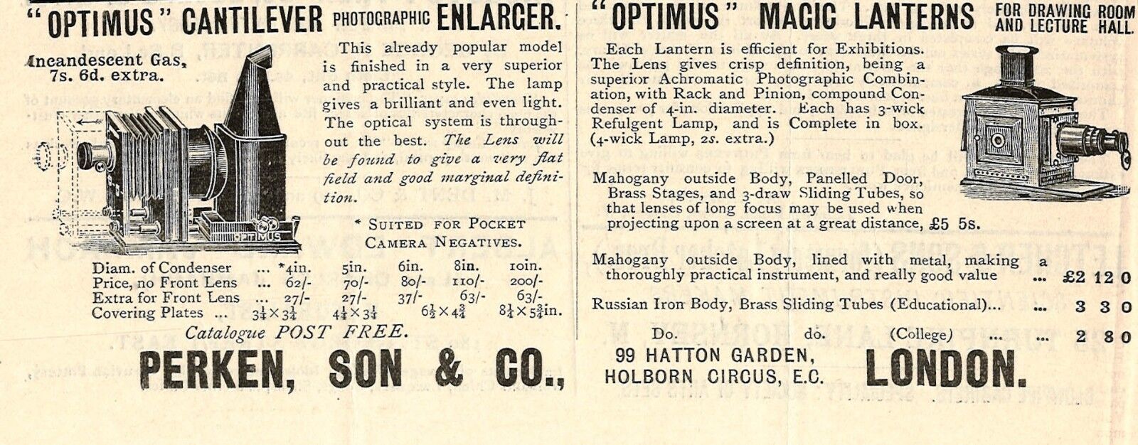 Optimus Enlarger and Magic Lanterns Perken & Son London Scientific print ad 1900