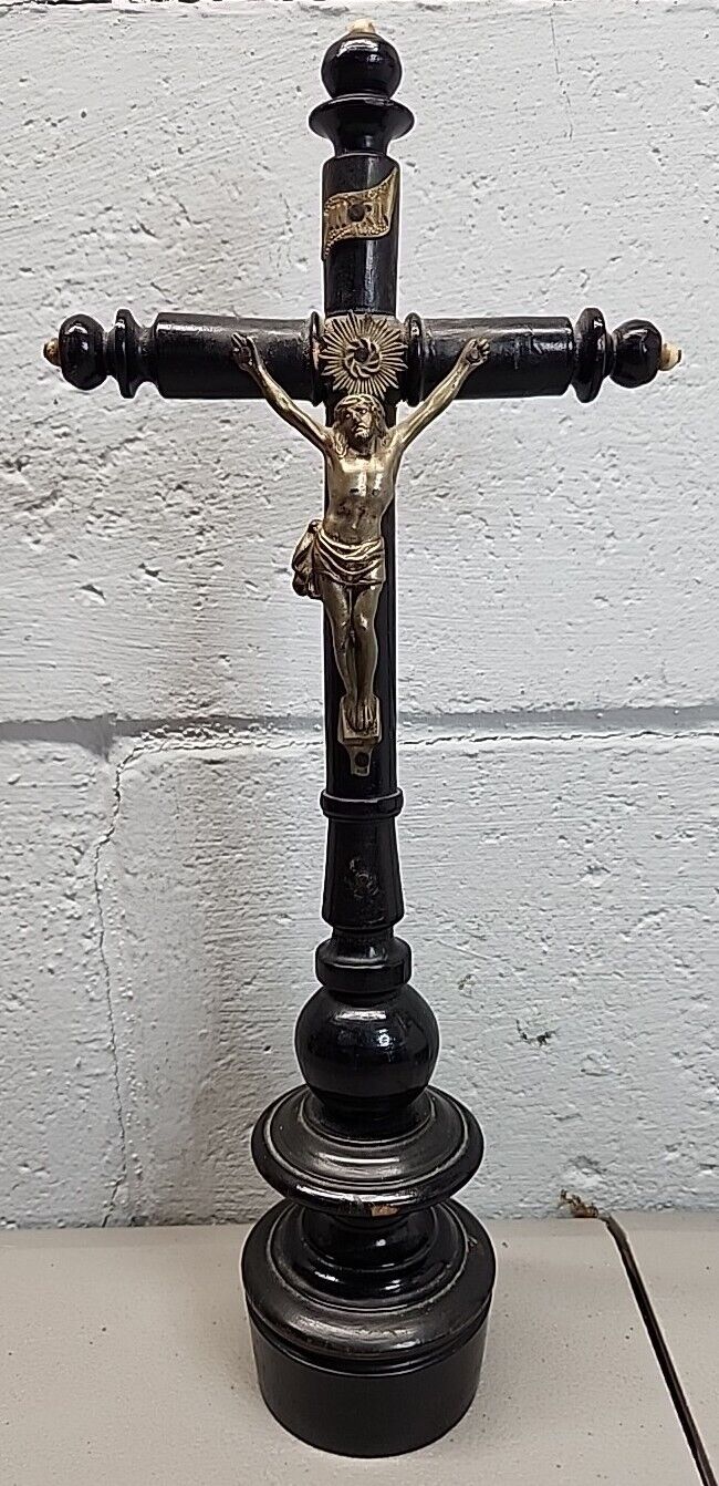 Antique Mid-1800's German Black Wood Crucifix Cross Spelter  Jesus 12.5