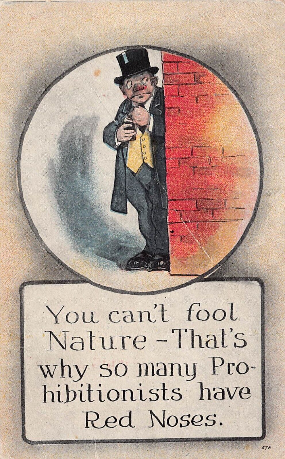 Prohibition Era Funny Comic Red Nose Man Hiding Brick Wall Vtg Postcard C58