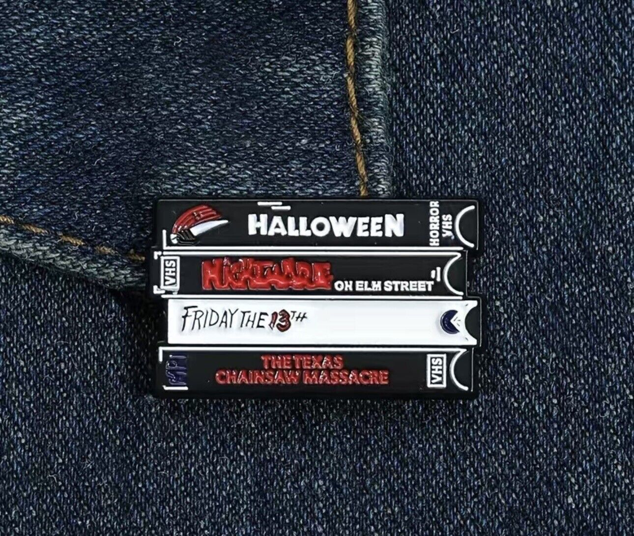 Enamel Pin Horror VHS Stack Halloween Friday the 13th Nightmare on Elm St. TCM D