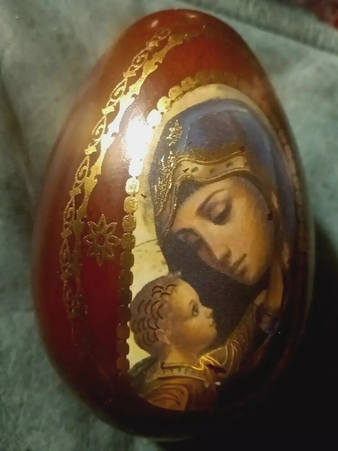Vintage Egg Russian Orthodox Wood Hand Made Lacquer Finish Gold Mary Jesus Icon