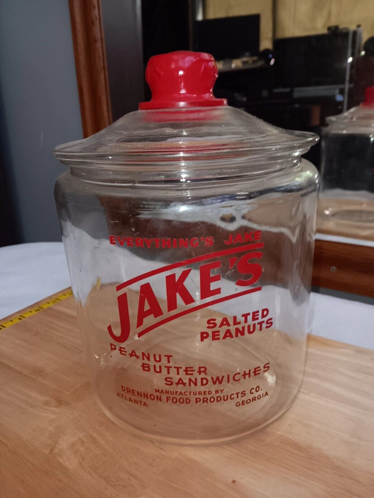  JAKE\'S Salted Peanuts(LANCE) Cookie Jar, Counter Jar w  Lid & Red Knob 11” Tall