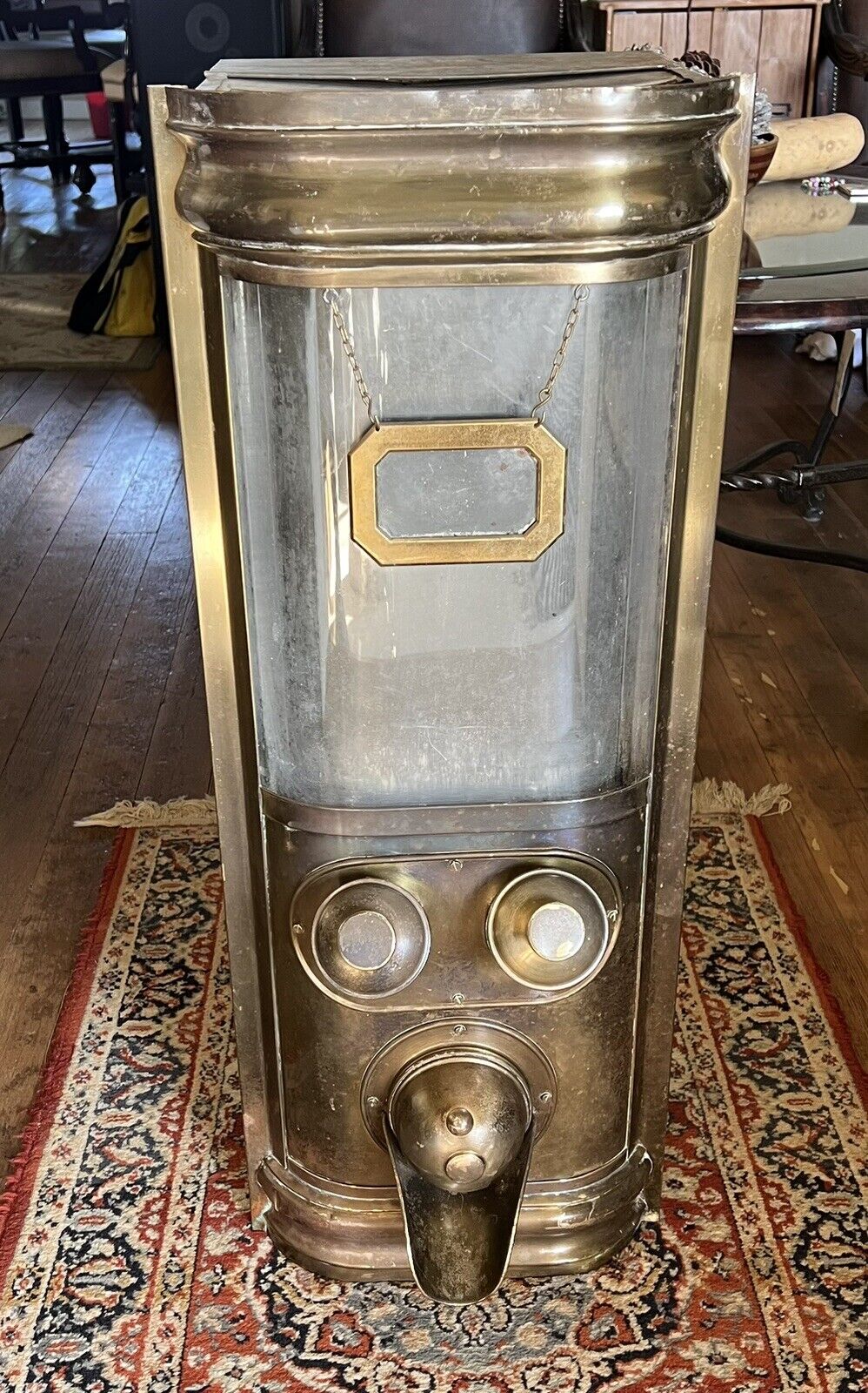 Unique Vintage French Commercial Coffee Bean Dispenser In Brass, Copper And Tin