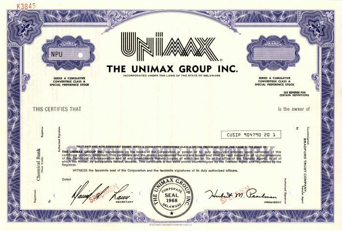Unimax Group Inc. - Specimen Stocks & Bonds