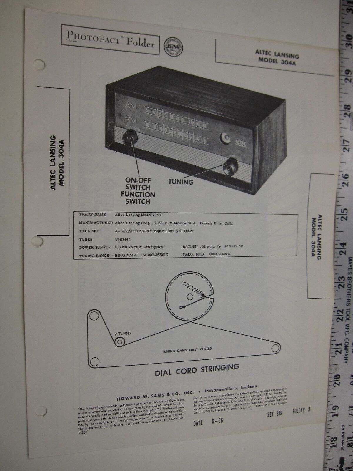 1950's Sams Photofact ALTEC LANSING Model  304A  BIS