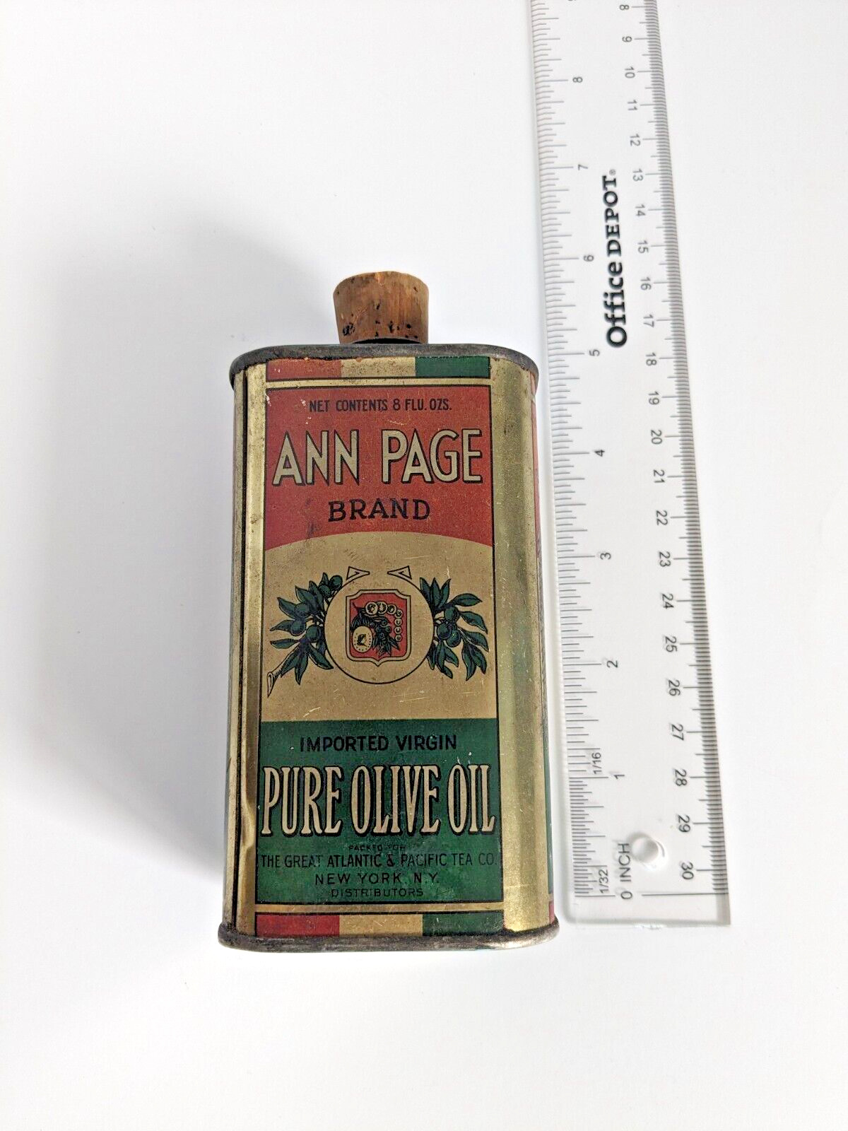 Vintage Anne Page Brand olive oil tin 1920s antique with original cork A&P