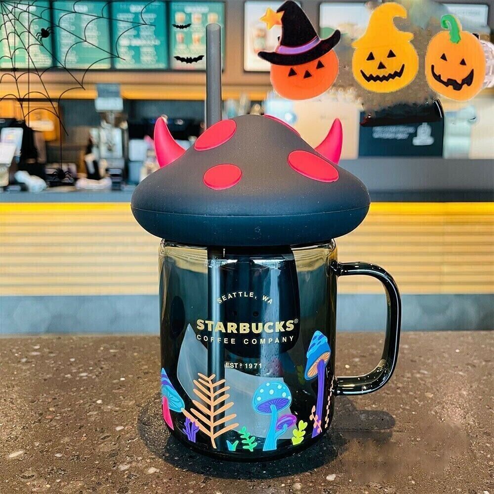 Starbucks 18oz Black Halloween Mushroom Glass Mason Straw Cup Gift