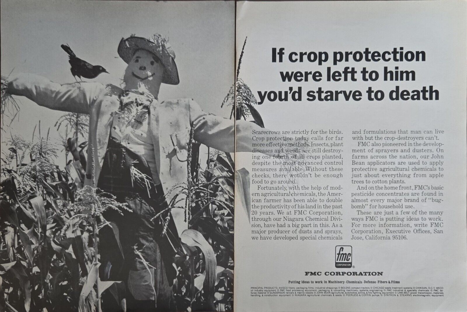 FMC Corporation Machinery Scarecrow 1969 Vintage Print Ad Farming Crops 2 Page 