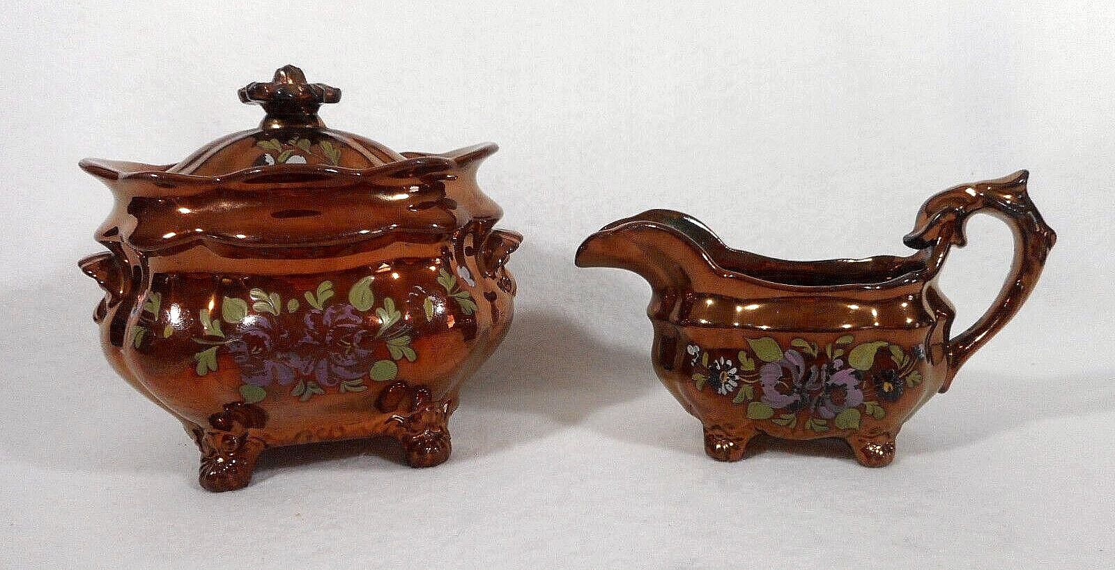 Antique Copper Lusterware Sugar and Creamer with Floral Design