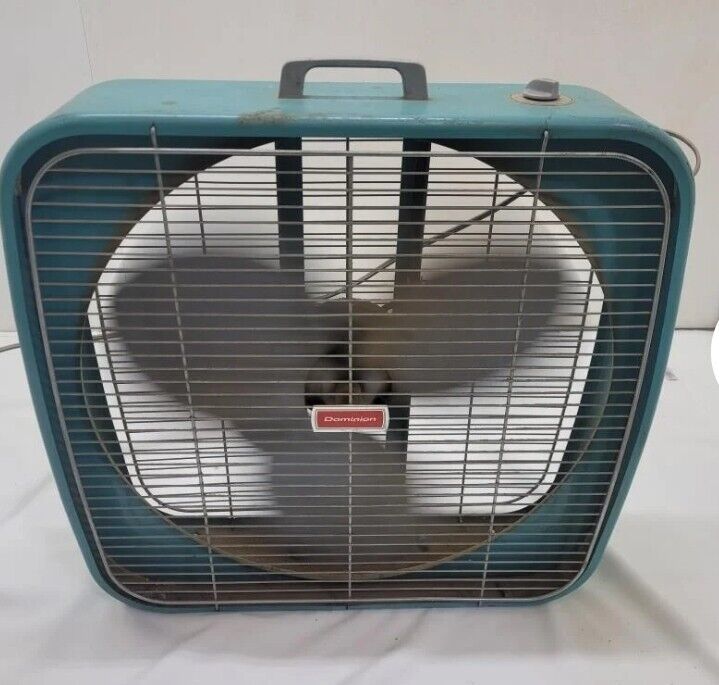 Large Vintage Dominion Box Fan Turquoise Blue Teal WORKS MCM Retro Two Speed 