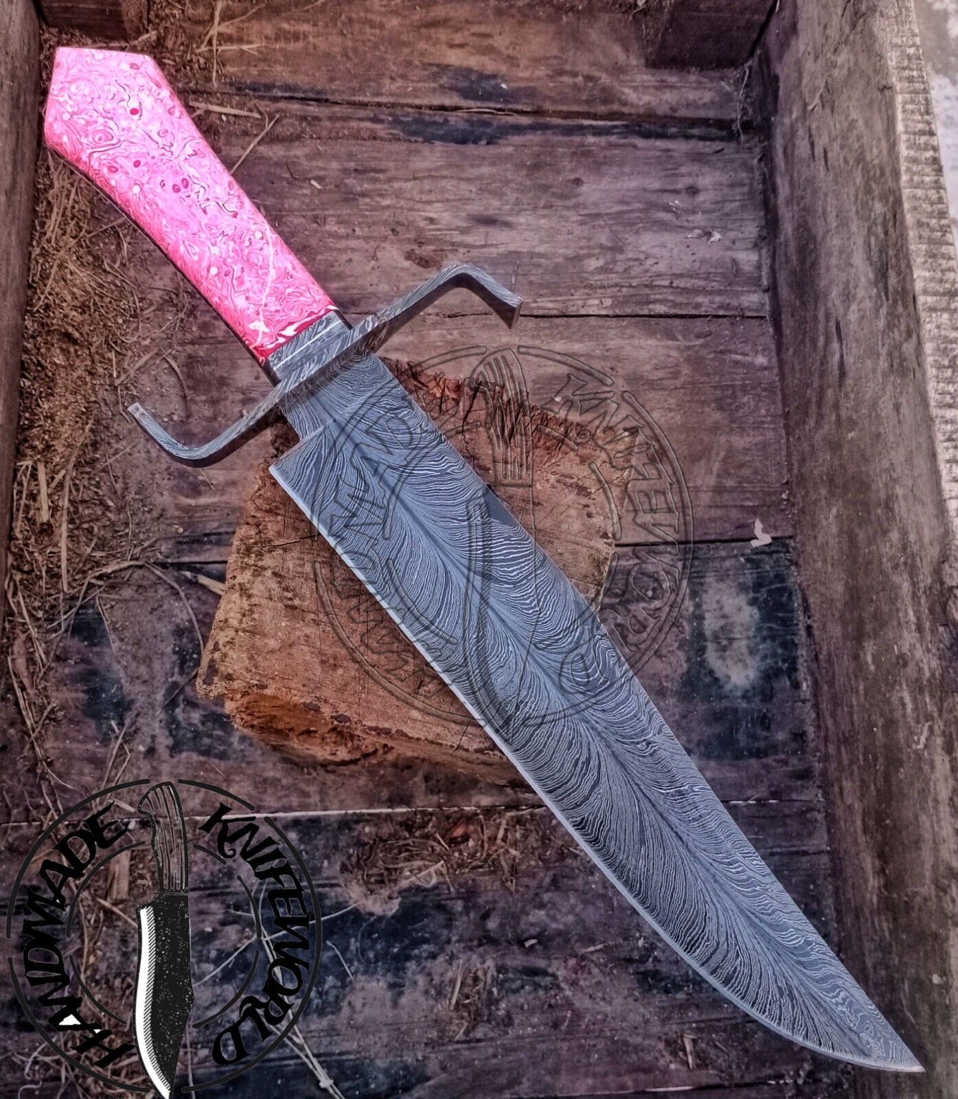 Uniqe Feather Pattren Handmade Bowie Knife Damascus Steel Hunting Bowie Knife
