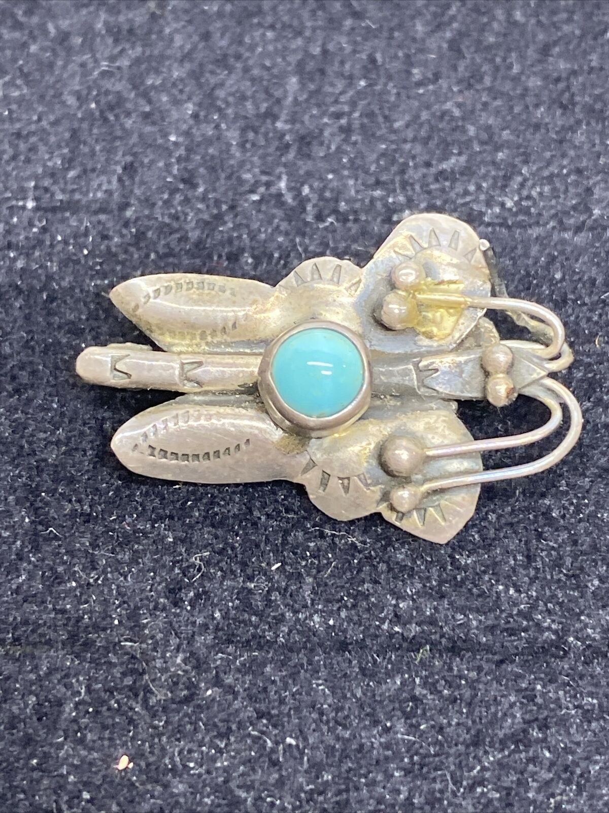 Unusual Signed EK Vintage Navajo Turquoise Silver Brooch Pin