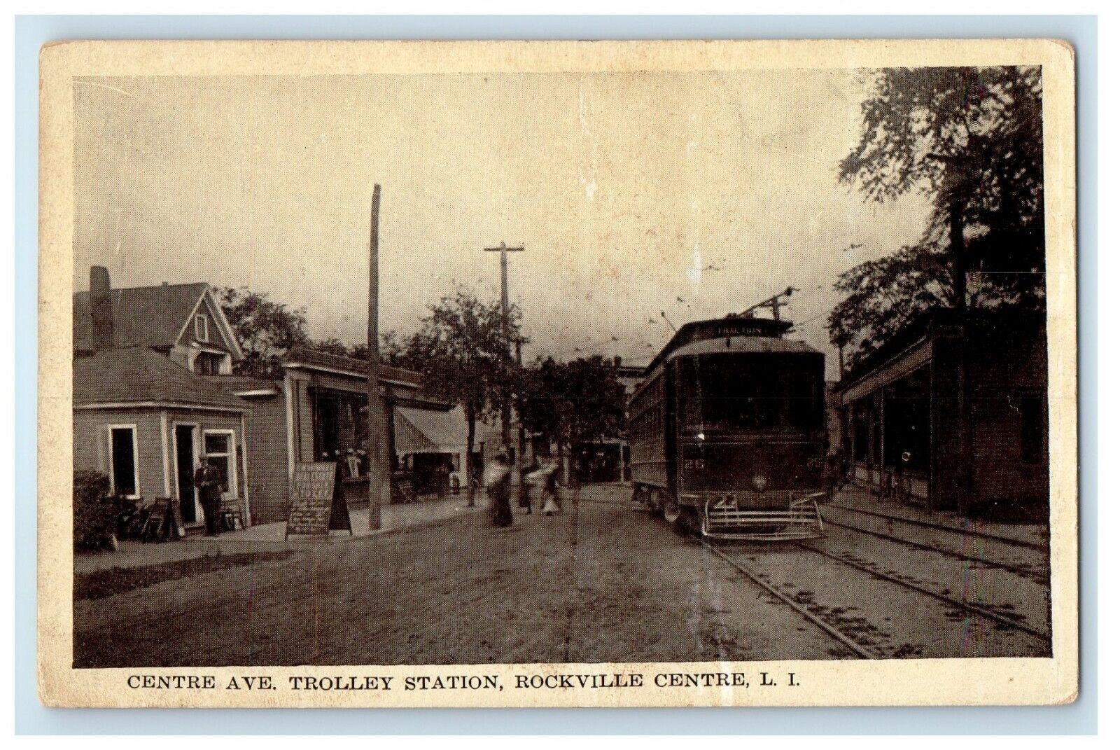 c1910 Centre Avenue Trolley Station Rockville Long Island NY Streetcar Postcard