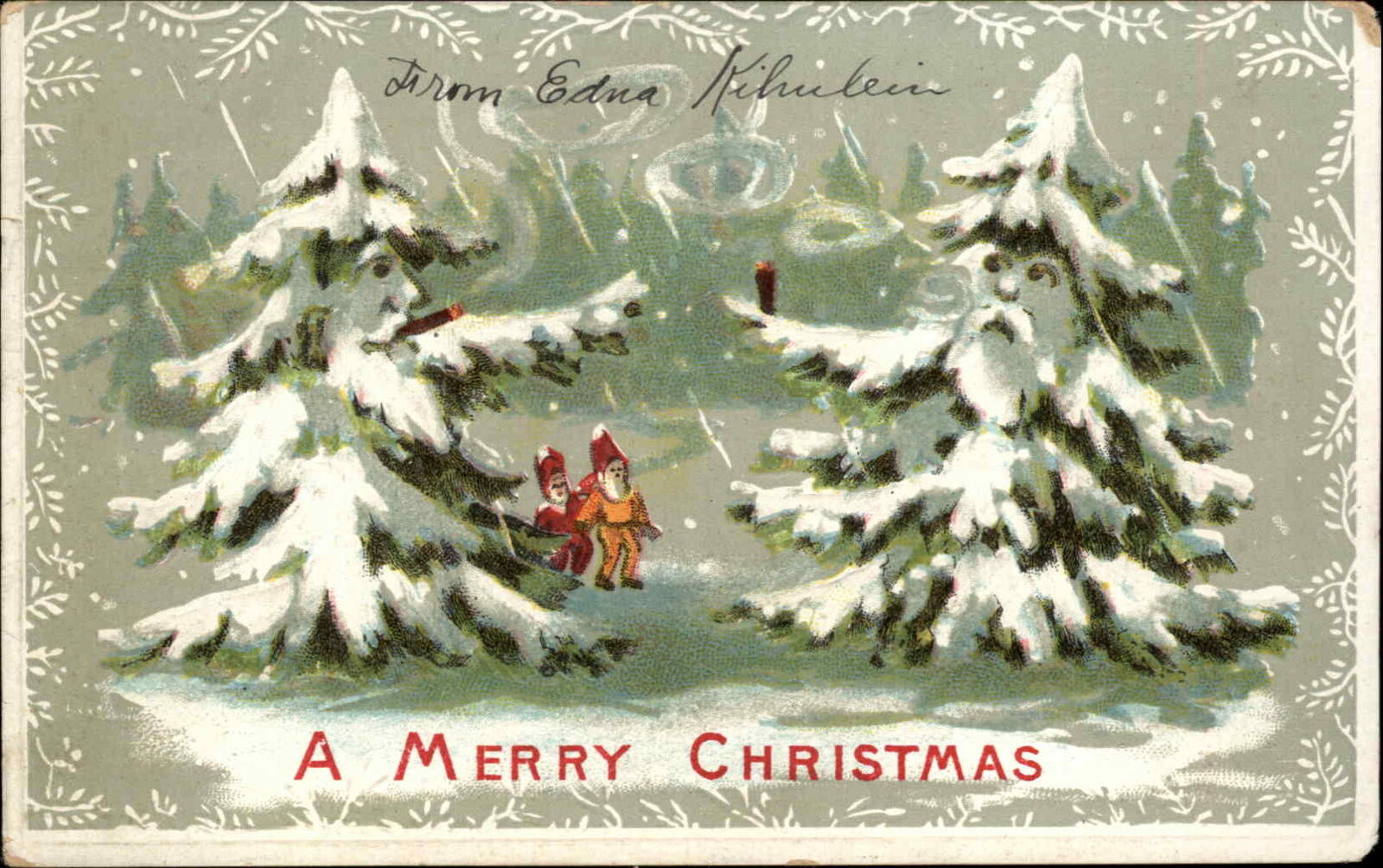 Christmas Fantasy Anthropomorphic Tree People Cigar EBC 1800 Postcard