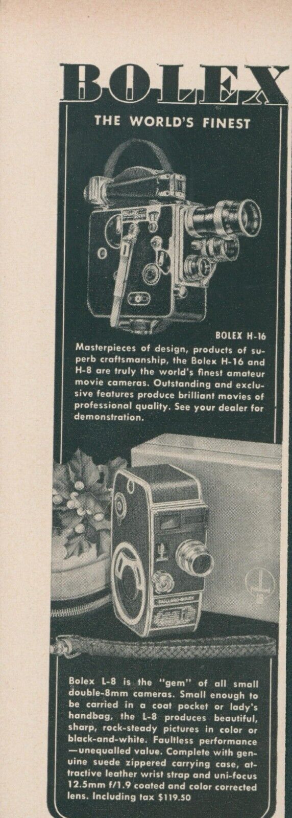 1948 Bolex 8 MM Camera H-16 L-8 Gem Small Suede Case Strap Vintage Print Ad L13