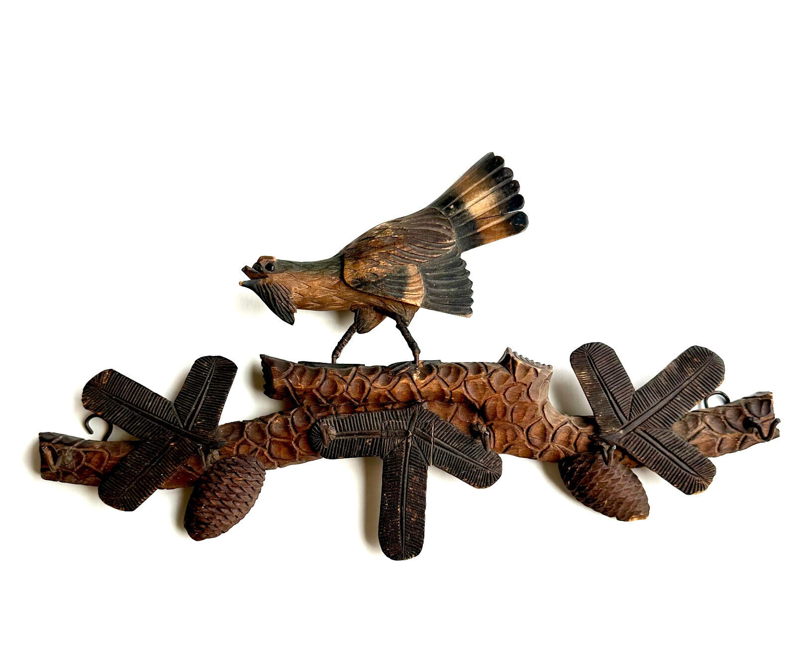 Beautiful Black Forest finely- carved 2 tone grouse wall hanging hooks, wood