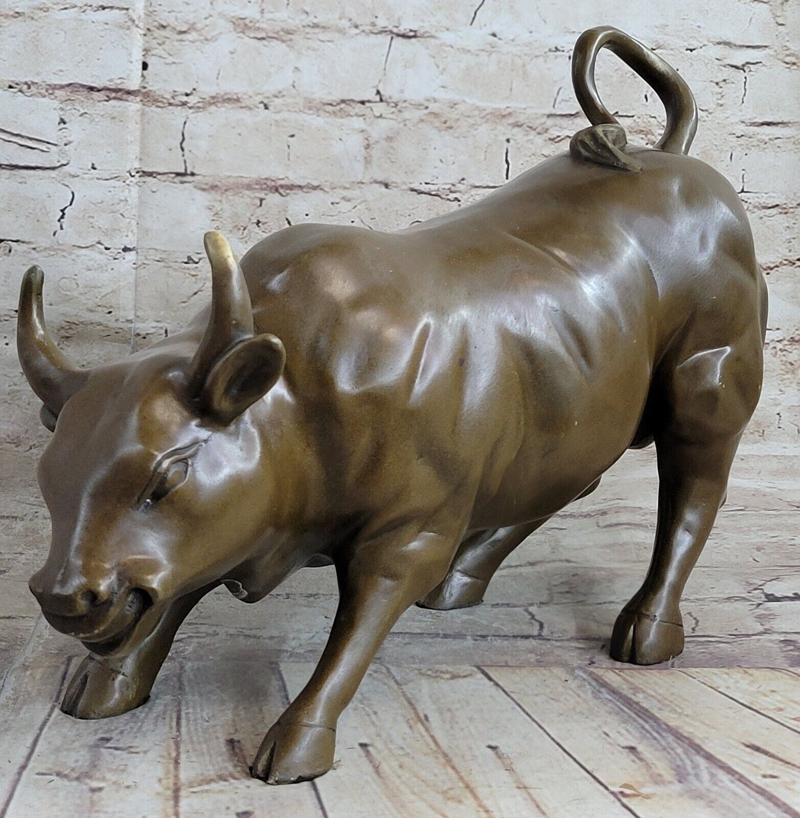 Large Magnificent Stock Market Bull Toro Bronze Sculpture Marble Base Statue