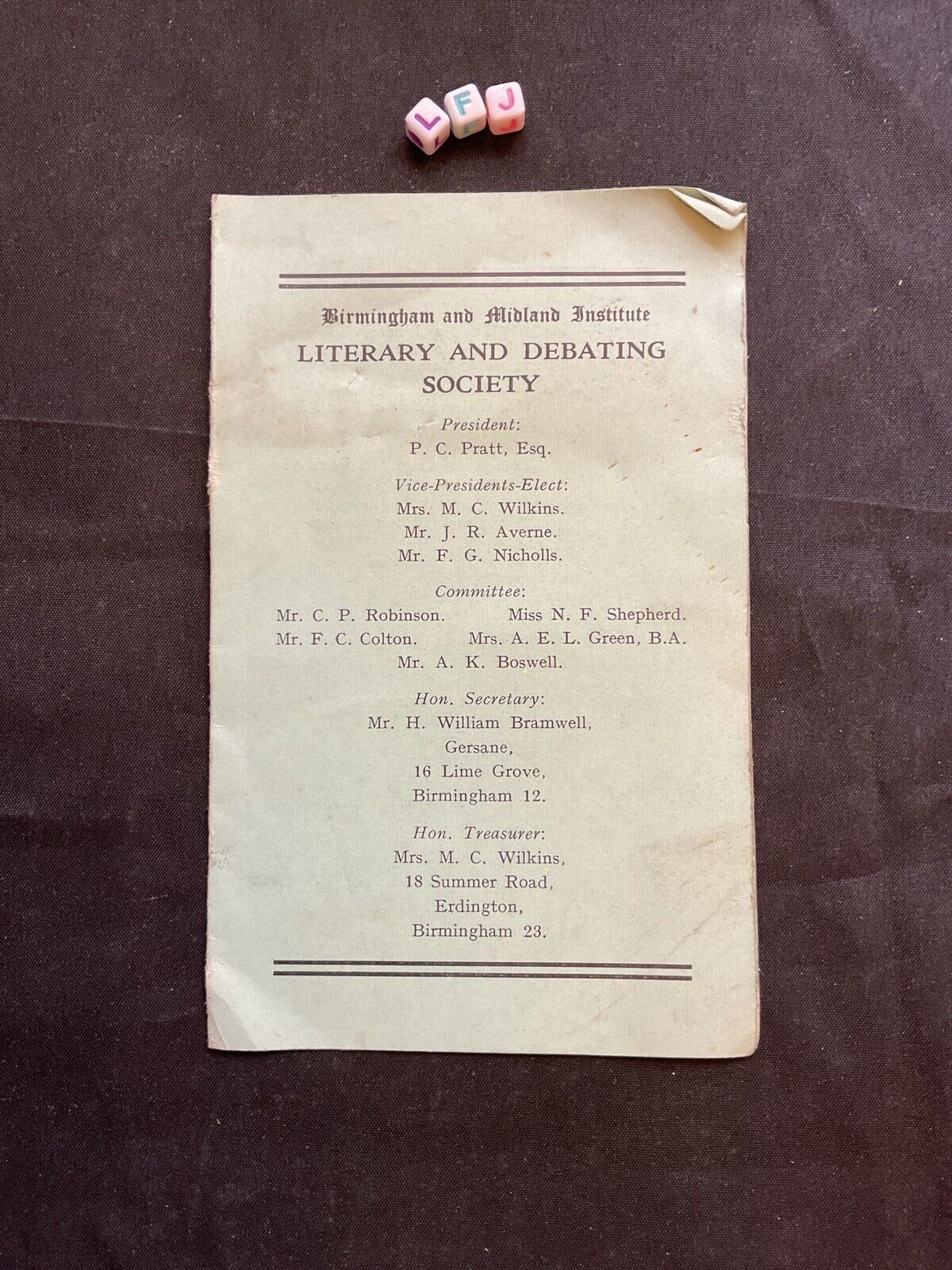 RARE 1958-59 Birmingham Literary and Debating Society, Ephemera Card Itinerary