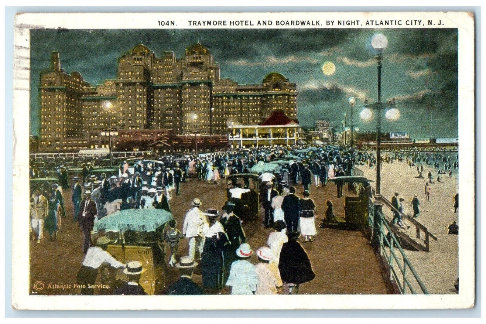 1928 Traymore Hotel Boardwalk Night Exterior Atlantic City New Jersey Postcard