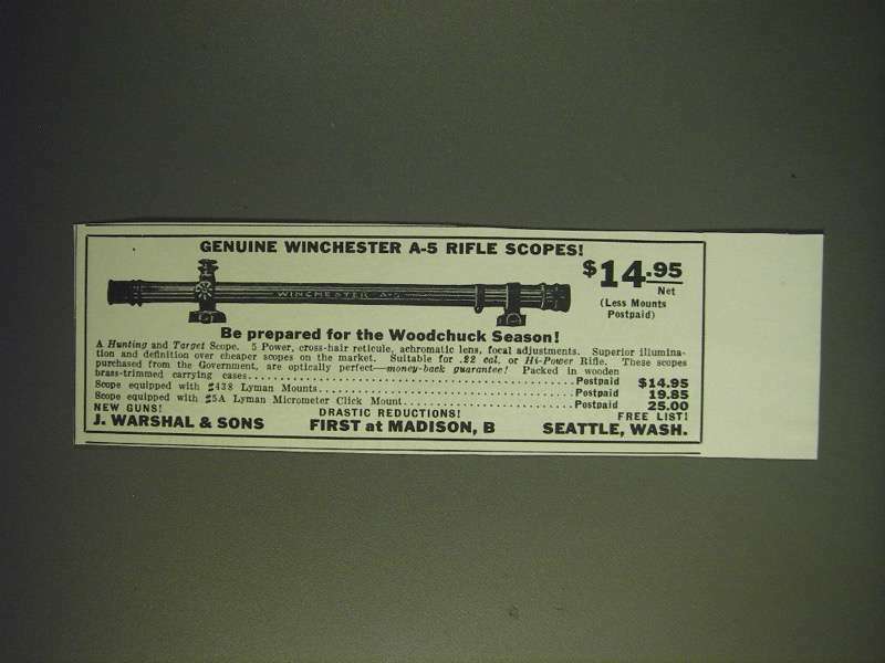 1936 J.W. Warshal & Sons Winchester A-5 Rifle Scope Ad