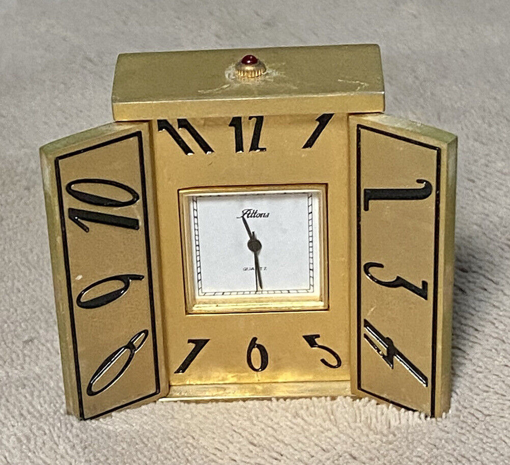 Vintage 90s Gold Desk Clock Opening Doors Mini Paperweight Altona Quartz