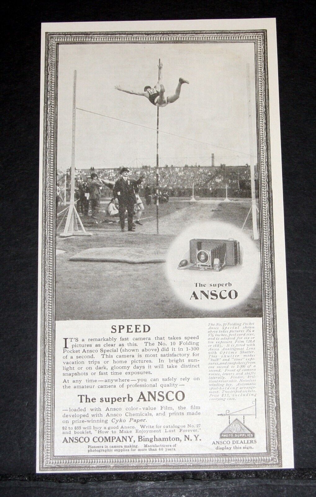 1913 OLD MAGAZINE PRINT AD, ANSCO #10 CAMERA FOR SPEED, POLE VAULT, HIGH JUMP