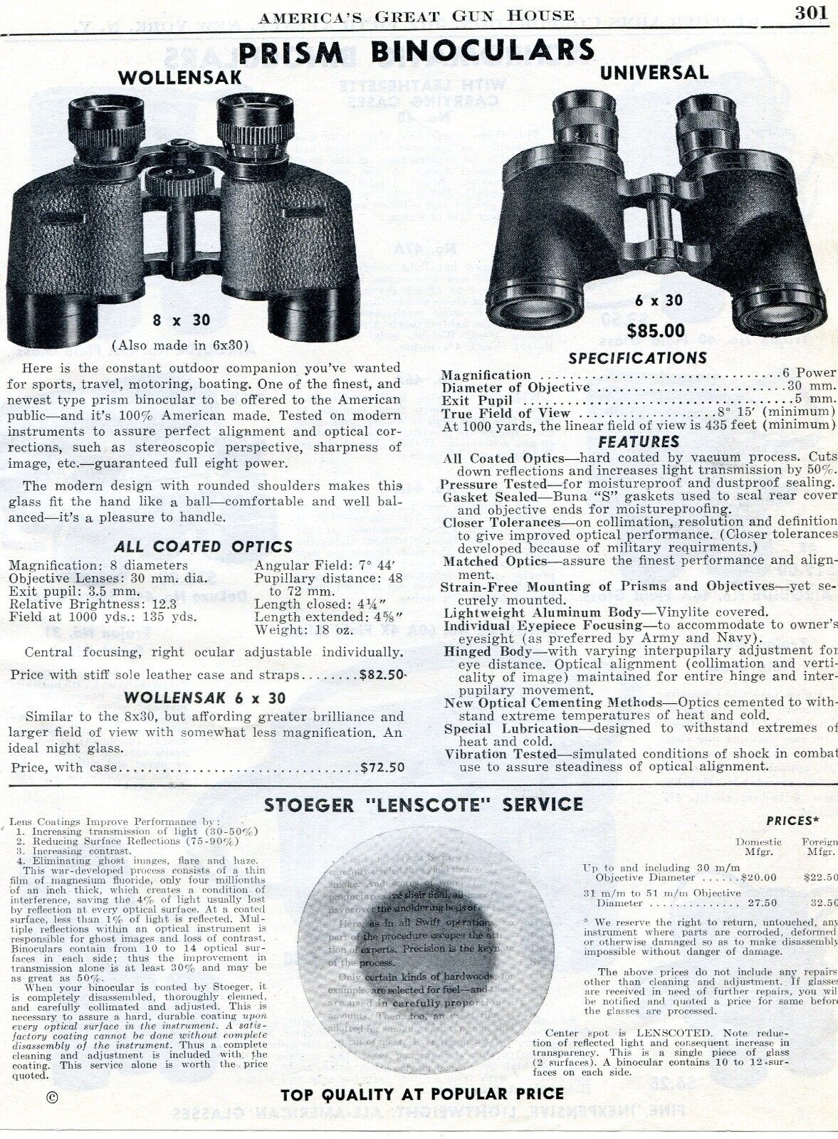 1947 Print Ad of Wollensak & Universal Prism Binocular