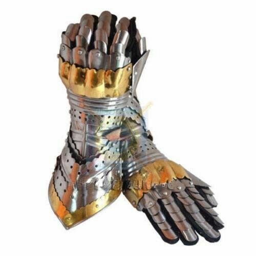 Medieval-Knight-Crusader-Armor-Pair-Brass-Accents-Gauntlet-Gloves-Steel