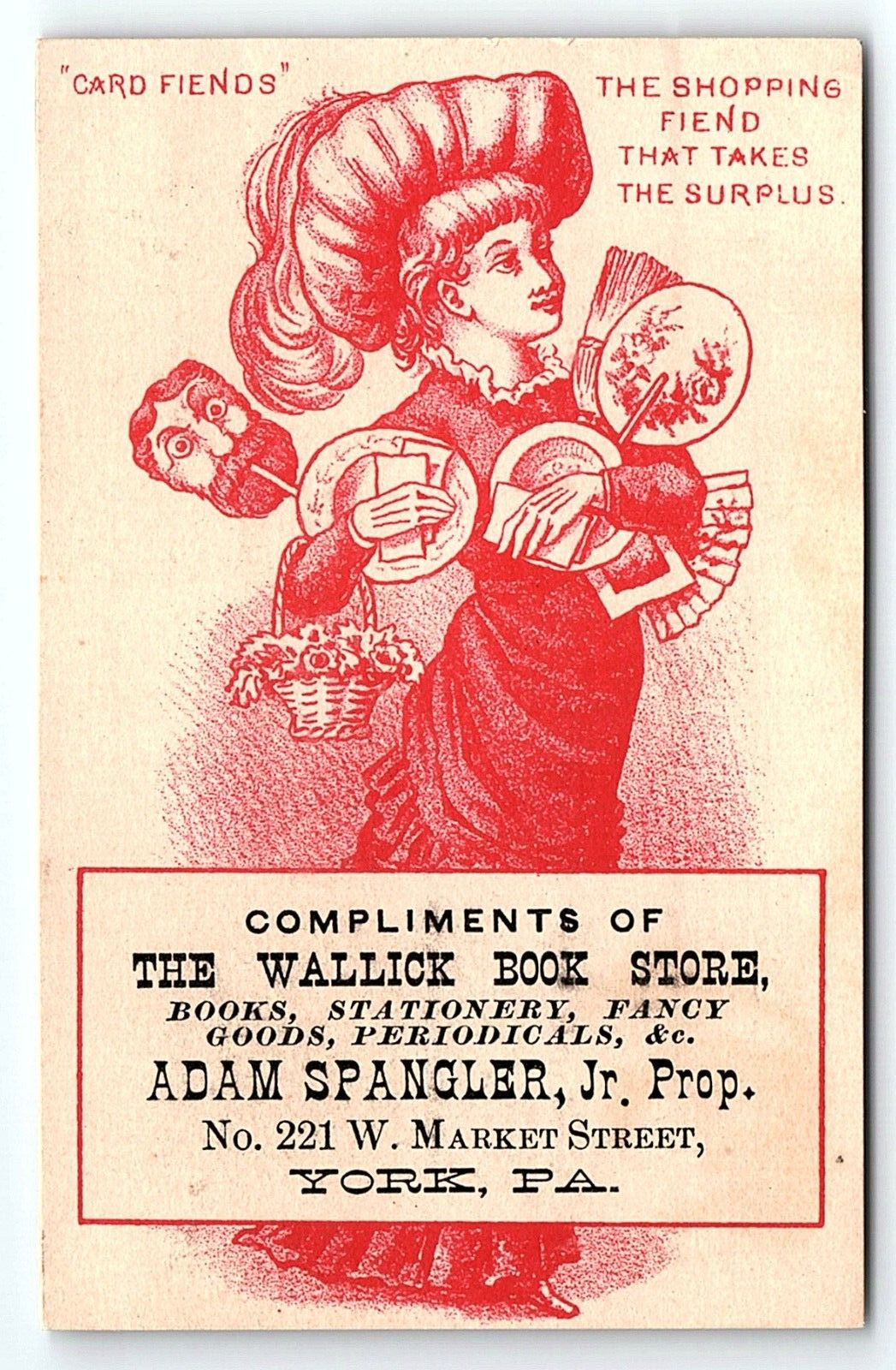 c1880 WALLICK BOOK STORE YORK PA ADAM SPANGLER JR ADVERTISING TRADE CARD P1738