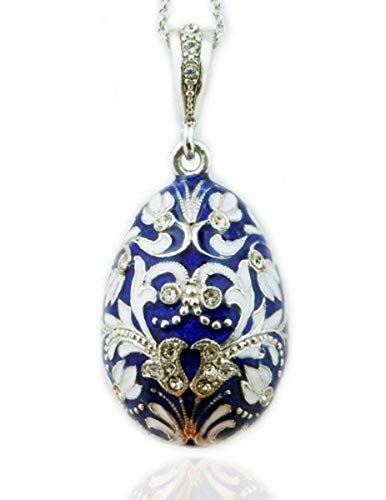 Religious Gifts Fine Jewelry Blue Russian Egg Pendant Silver Enameled 1 1/2 Inch