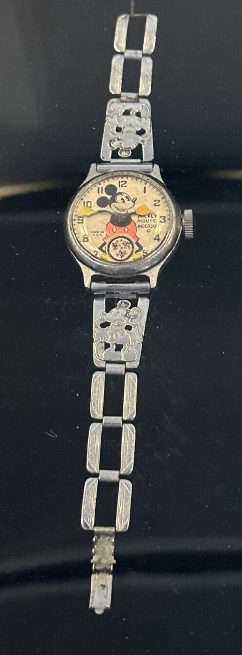 First Original 1930's Ingersoll Mickey Mouse Watch w/ Bracelet Metal Band WORKS