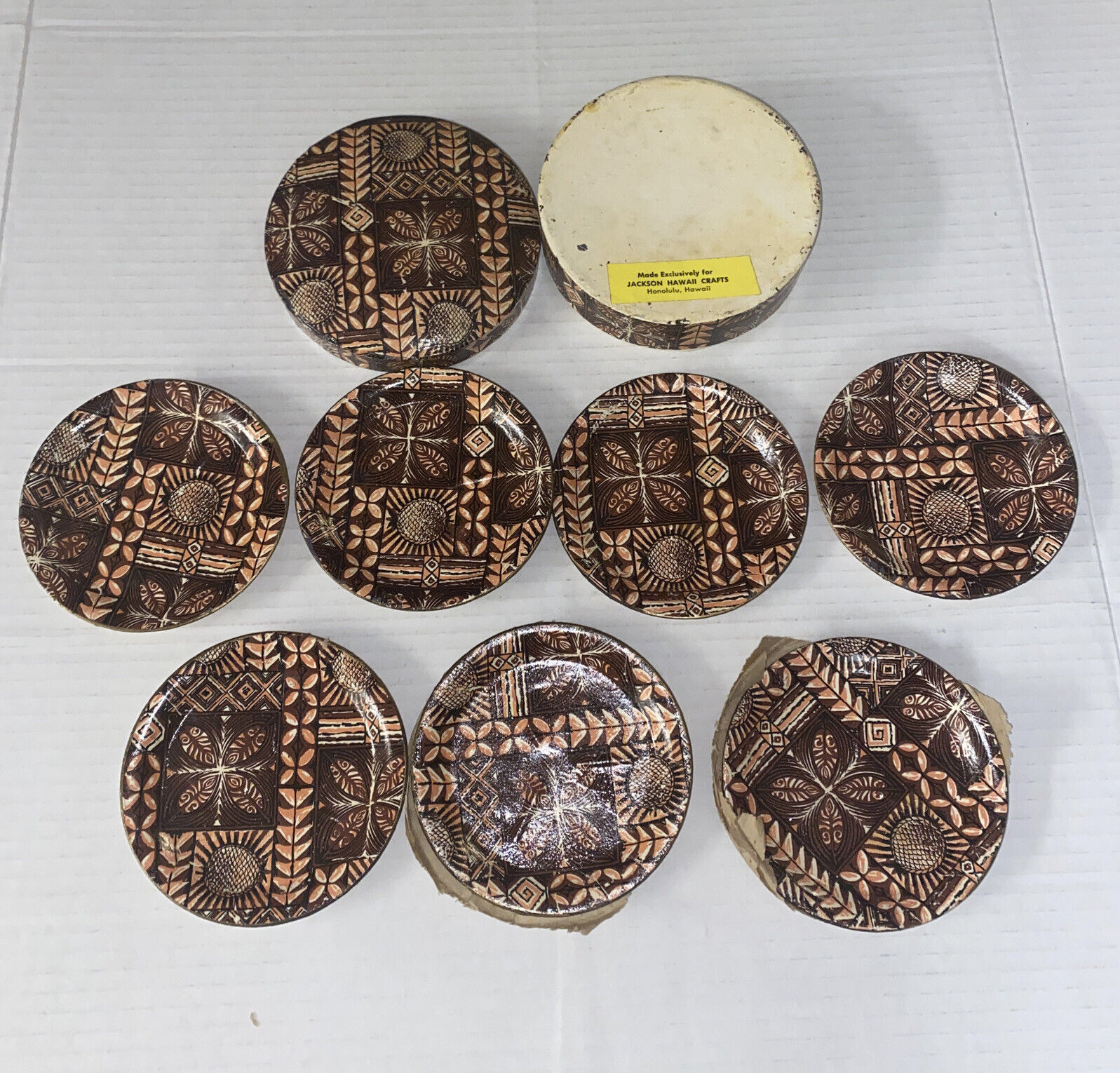 Vintage Jackson Hawaii Crafts Tiki Coasters Brown Pattern Round Box Japan made