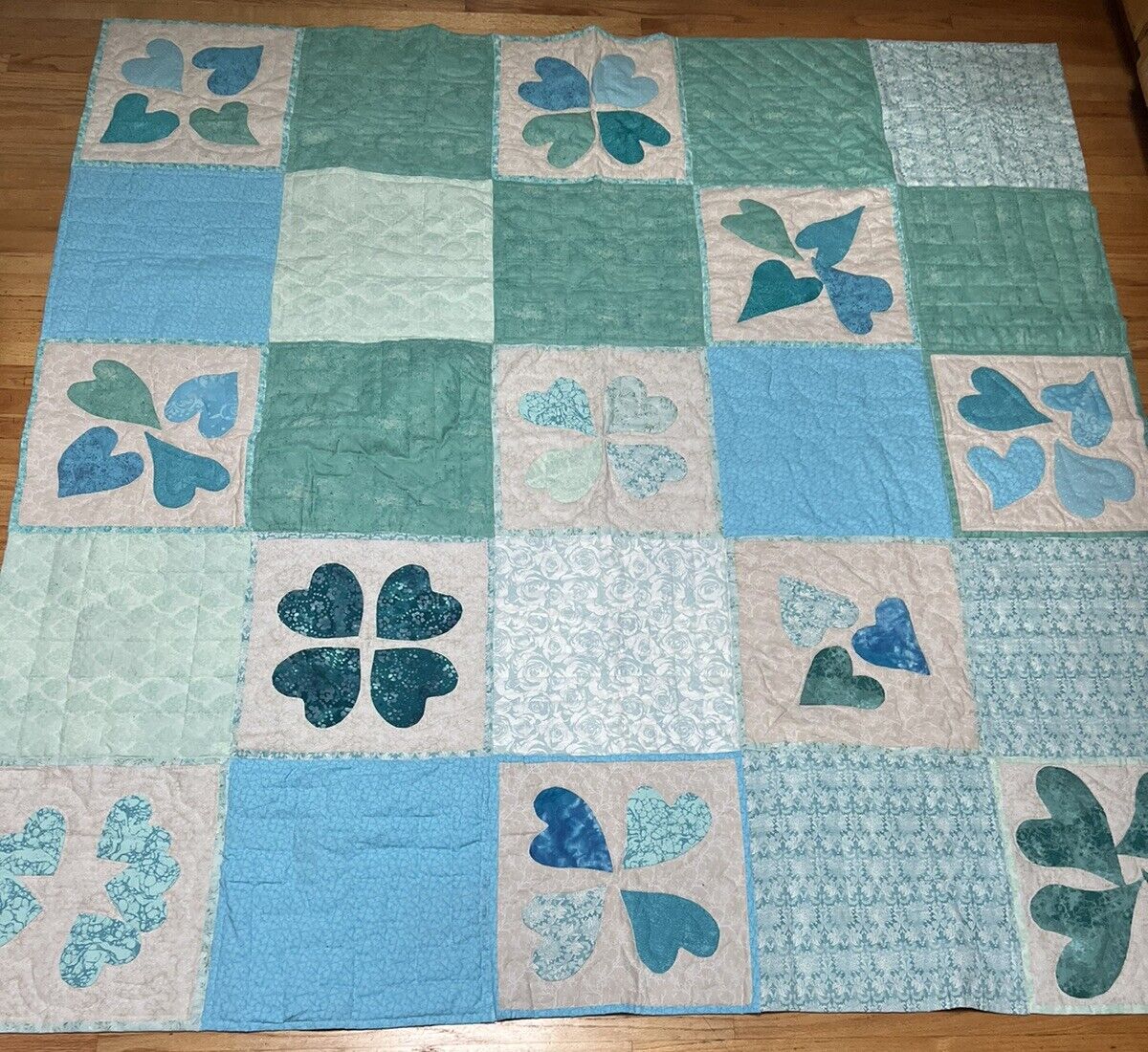Handmade Vintage Quilt Blue Hearts Shamrock Patchwork Pieced Hand Stitched 79x80
