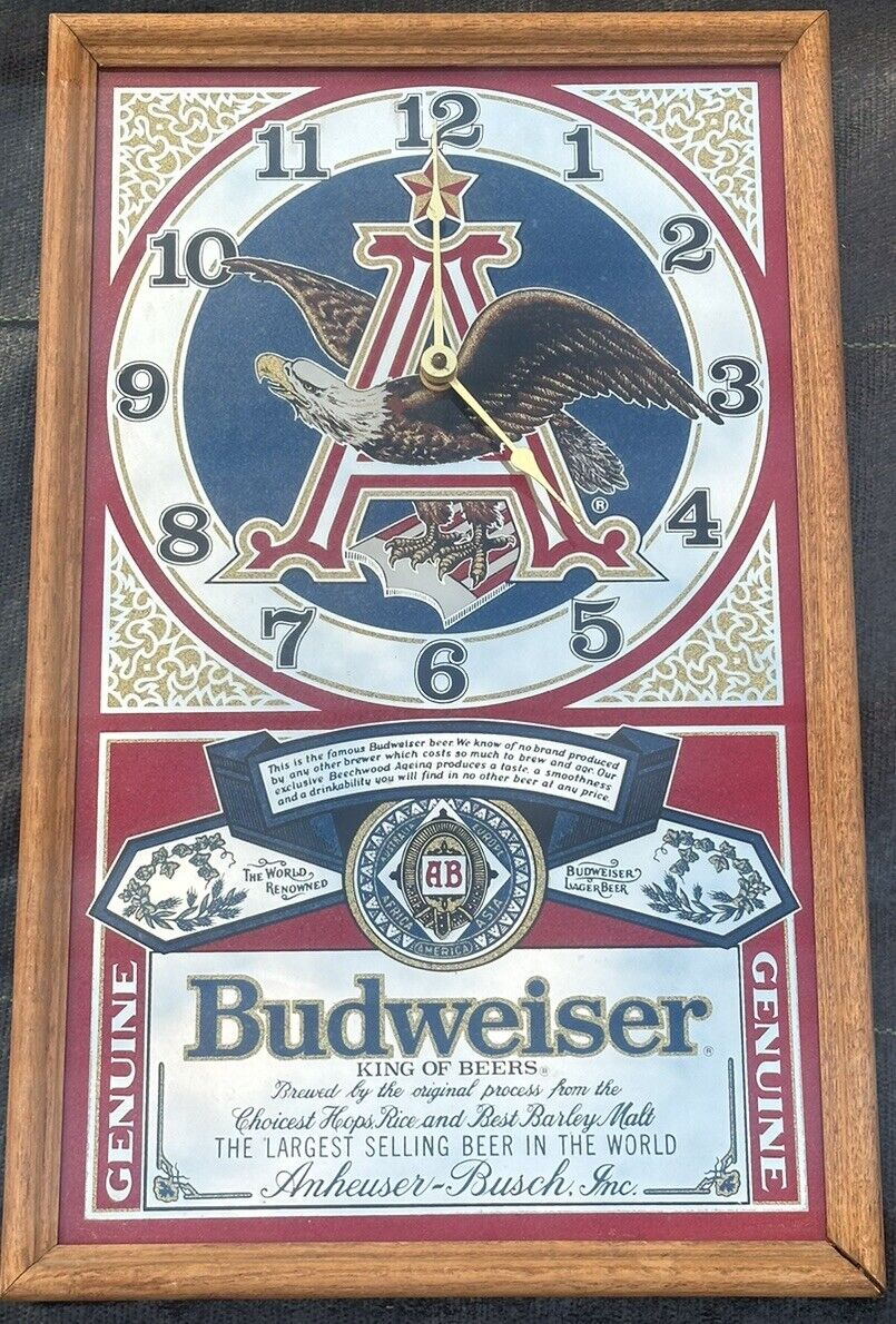 Vintage Budweiser Beer Anheuser Busch King of Beers Mirror Eagle Clock Sign