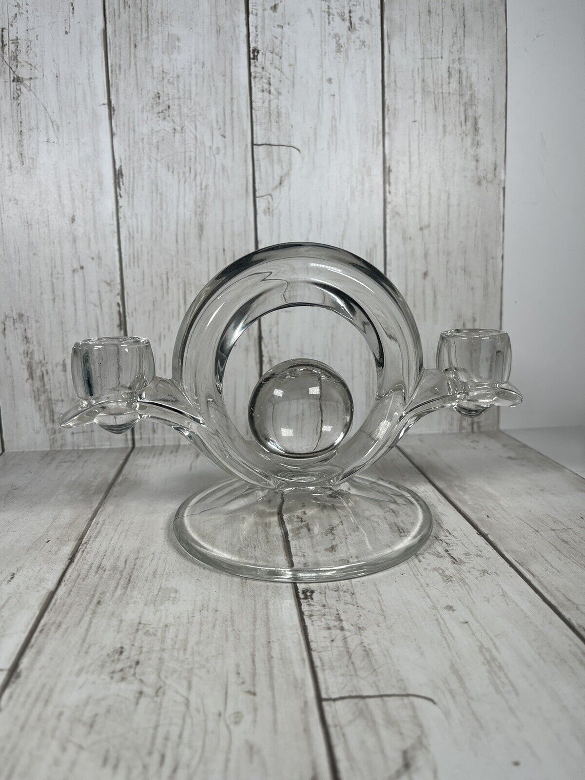 Single Art Deco Vintage Clear Glass Double Candle Holder